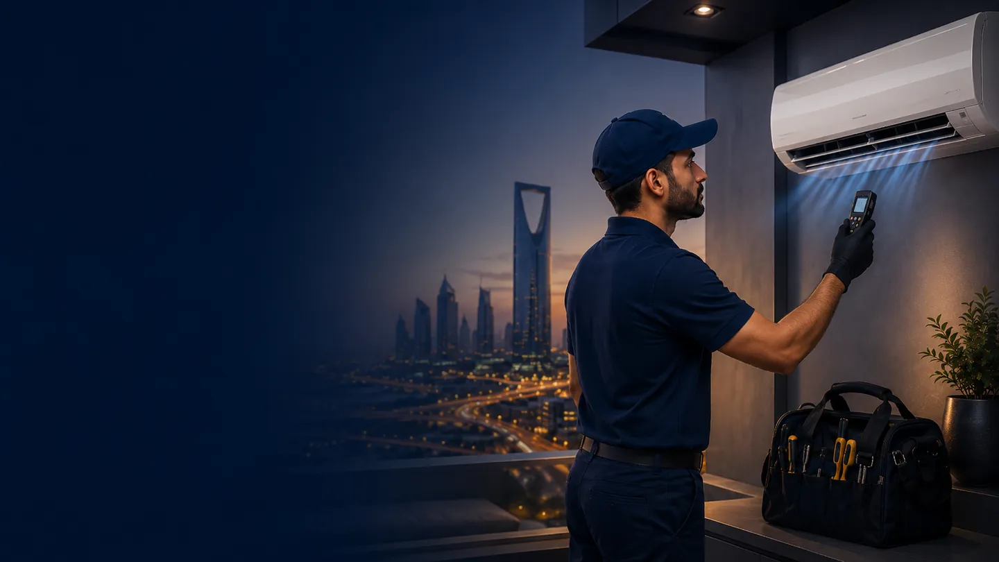 فني يفحص تبريد المكيف قبل شحن الفريون بالرياض
